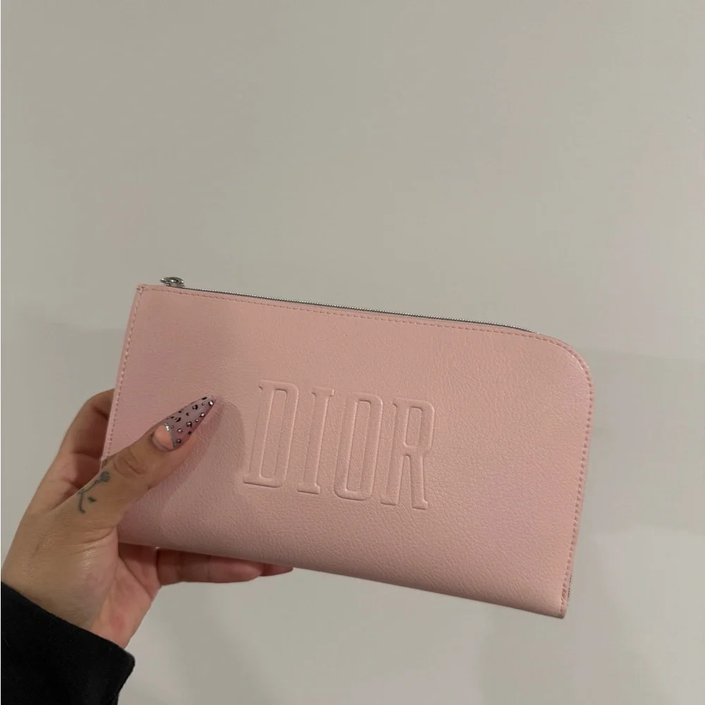 Dior Light Pink Embossed Leather Zip Wallet